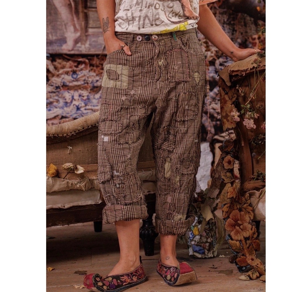 Magnolia Pearl Yarn Dyed Cotton Patchwork Check Miner Pants Adjustable Waist NEW - Picture 6 of 14